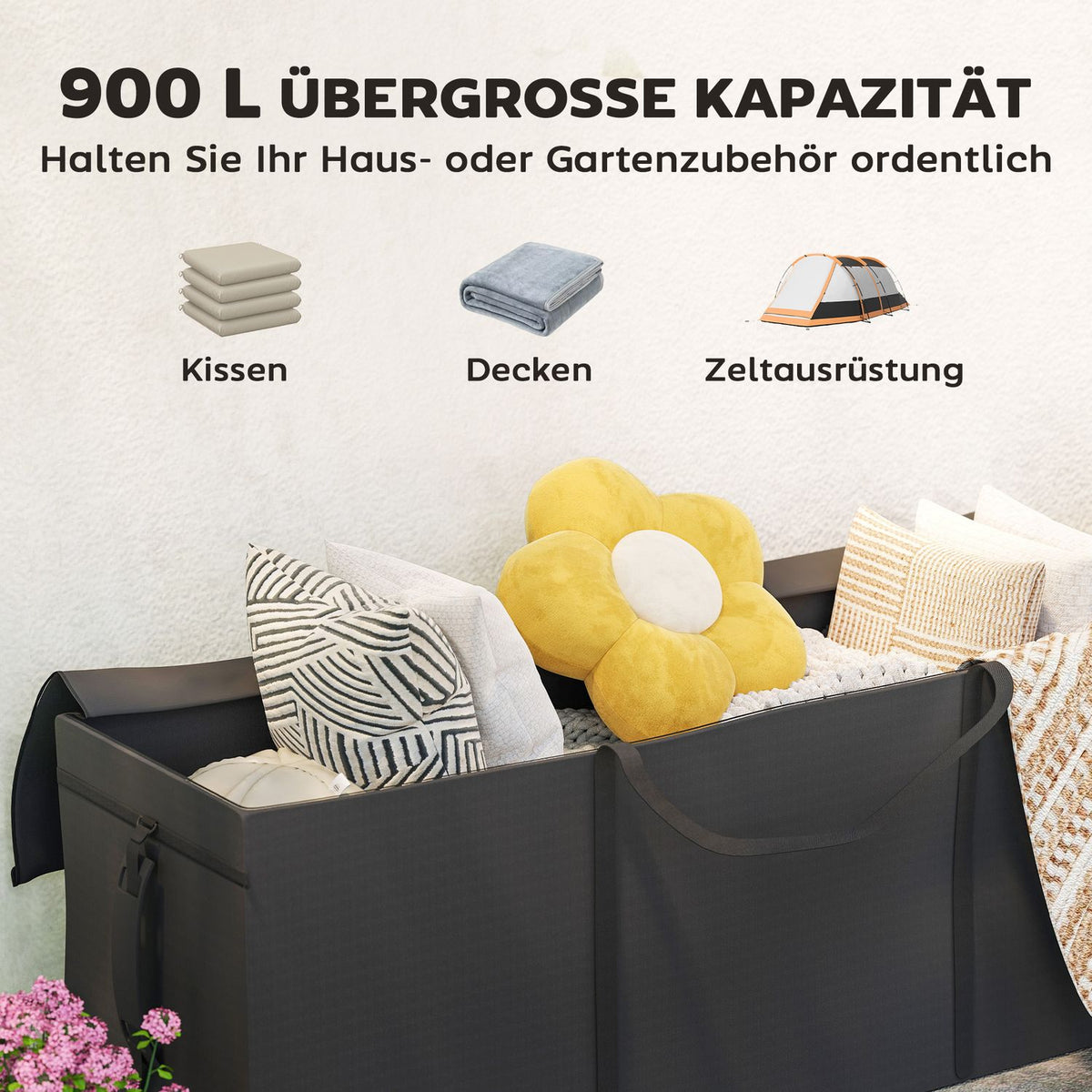 Storage bag garden cushion, cushion bag, protective cover with carrying handle, zip, waterproof, UV-resistant 600D Oxford, for cushion cushions, Christmas trees, 200 x 60 x 75 cm, black