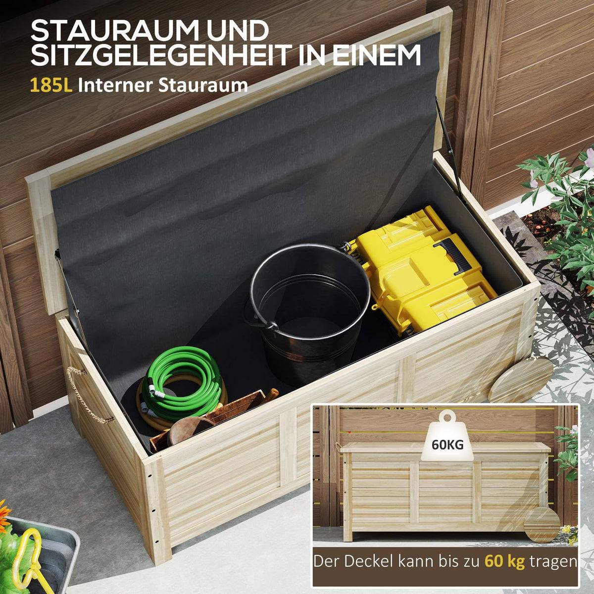 Storage box 185 L storage space, waterproof garden box with wheels, wood, weatherproof, UV-resistant, cushion box, storage box, garden chest for outdoor garden, balcony, natural wood
