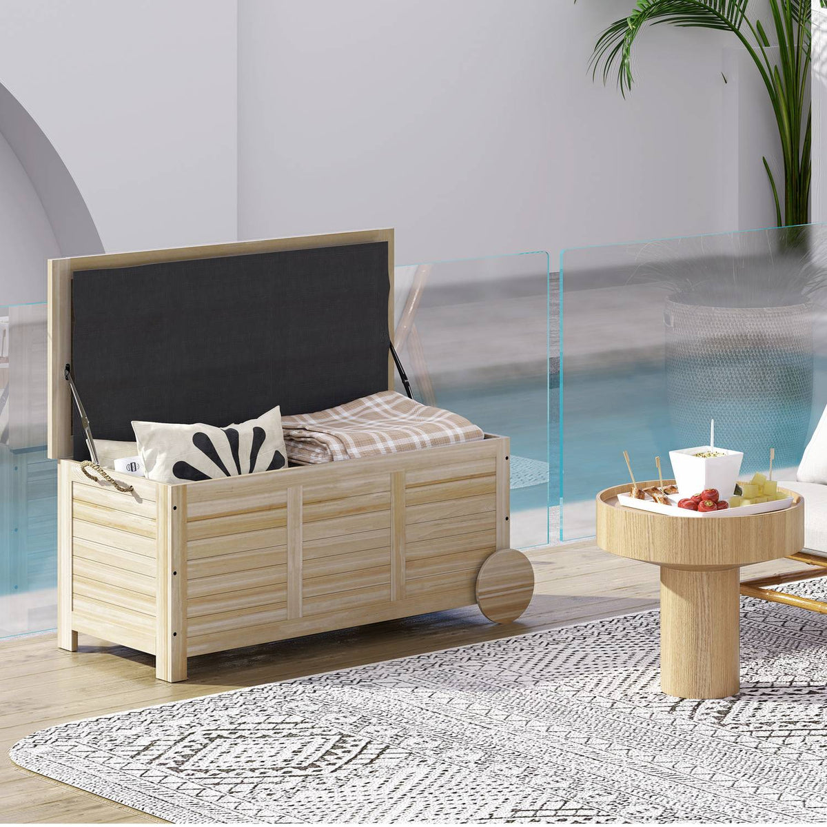 Storage box 185 L storage space, waterproof garden box with wheels, wood, weatherproof, UV-resistant, cushion box, storage box, garden chest for outdoor garden, balcony, natural wood