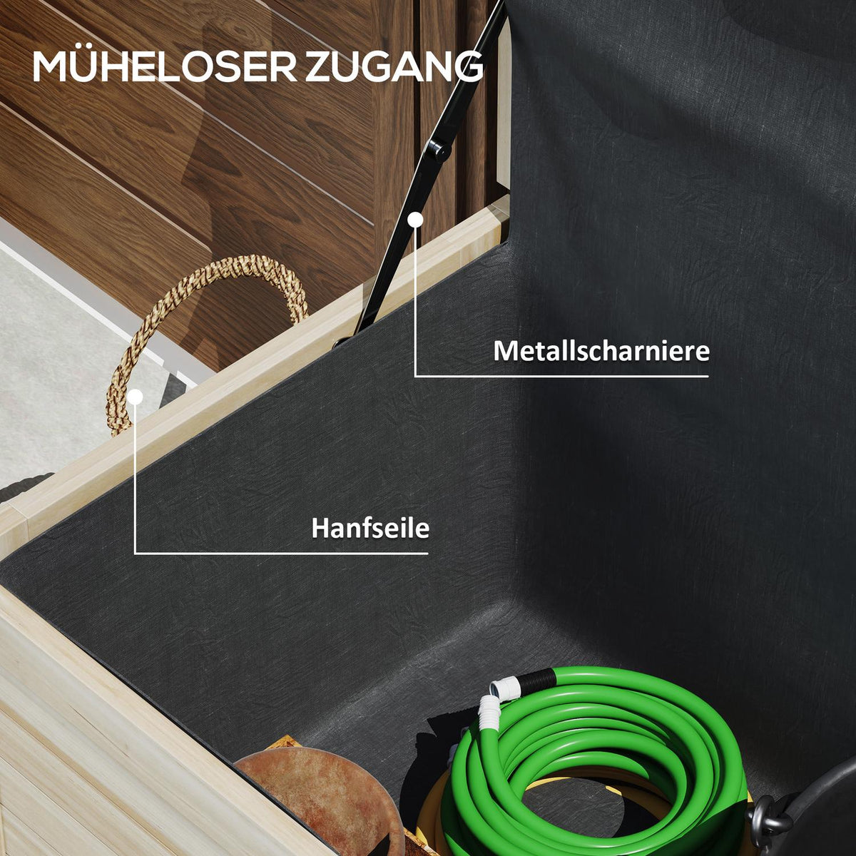 Storage box 185 L storage space, waterproof garden box with wheels, wood, weatherproof, UV-resistant, cushion box, storage box, garden chest for outdoor garden, balcony, natural wood