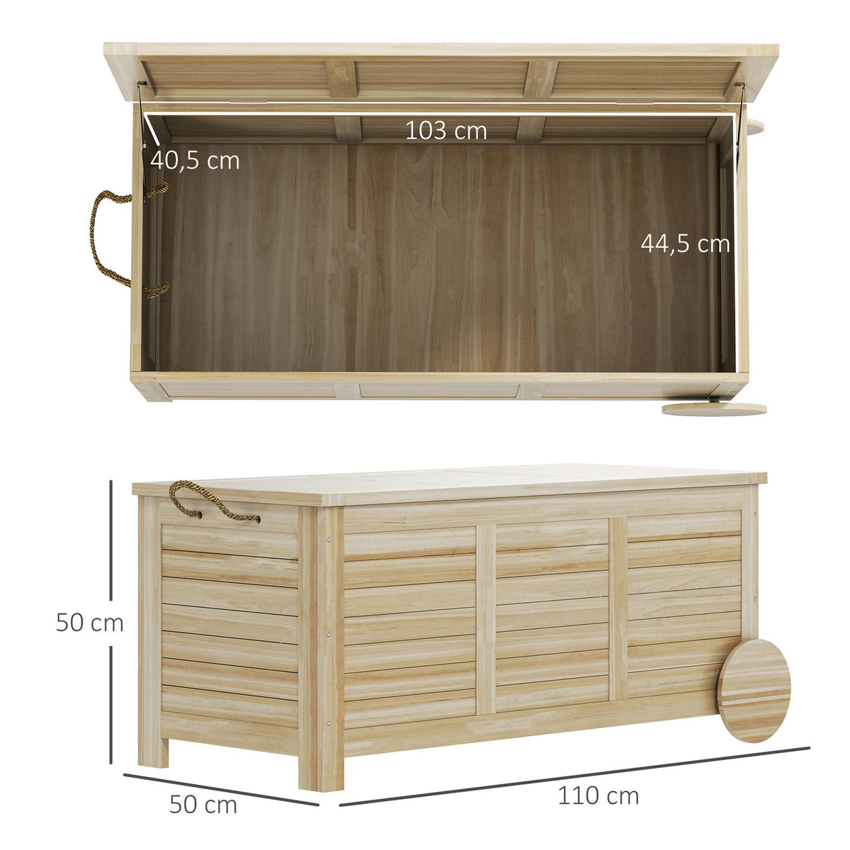 Storage box 185 L storage space, waterproof garden box with wheels, wood, weatherproof, UV-resistant, cushion box, storage box, garden chest for outdoor garden, balcony, natural wood