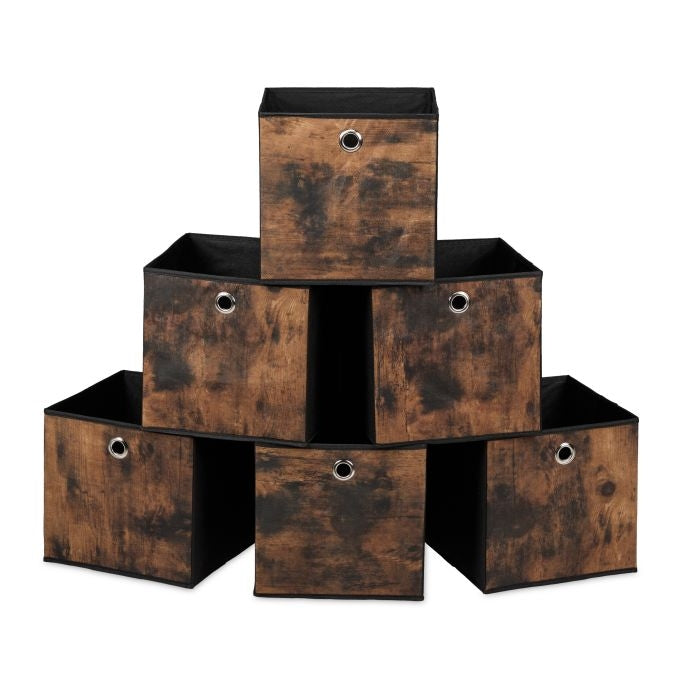 Storage box in fabric with a wooden look, 6-pack