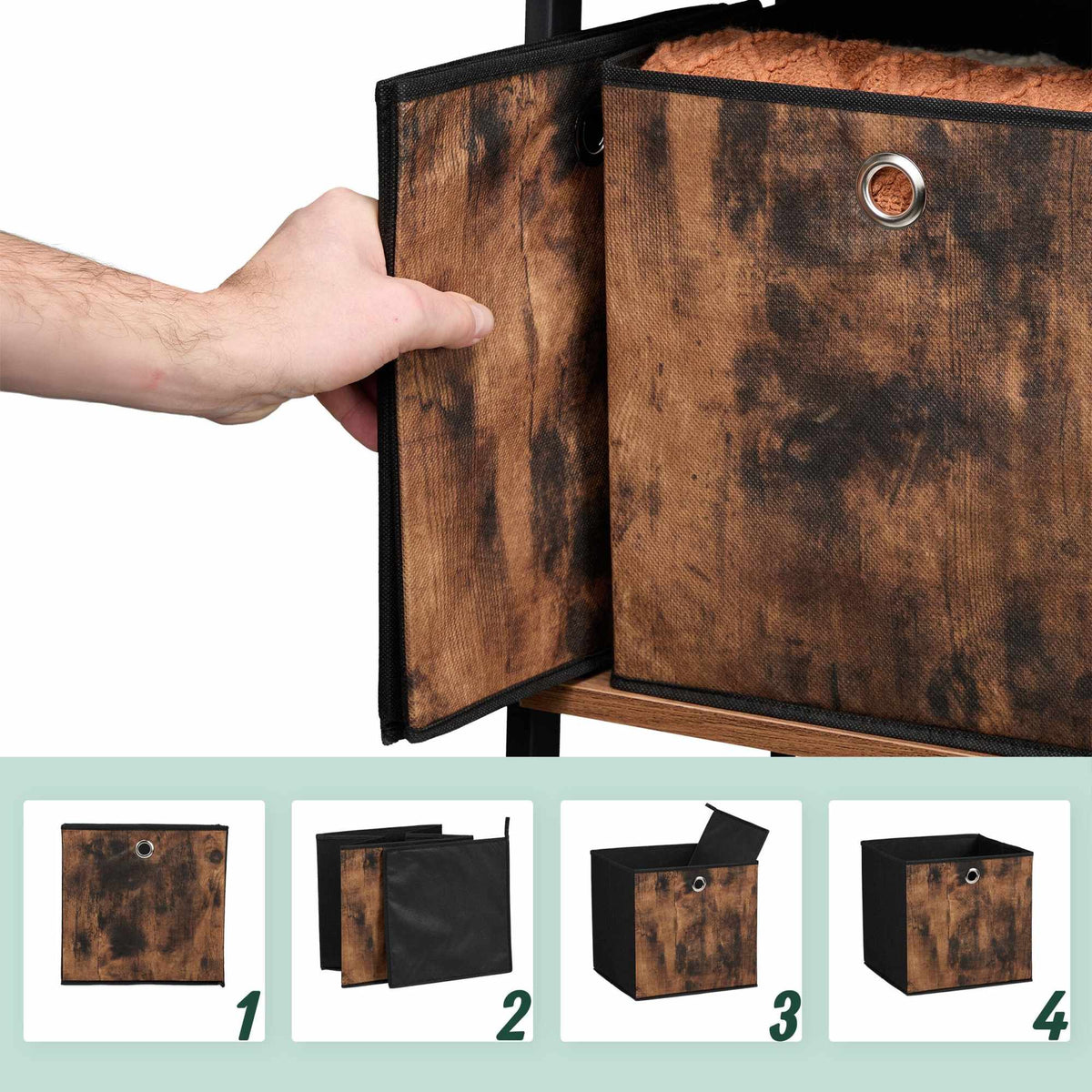 Storage box in fabric with a wooden look, 6-pack