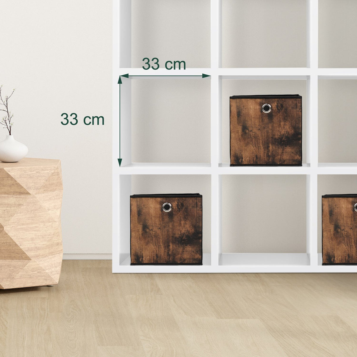 Storage box in fabric with a wooden look, 6-pack