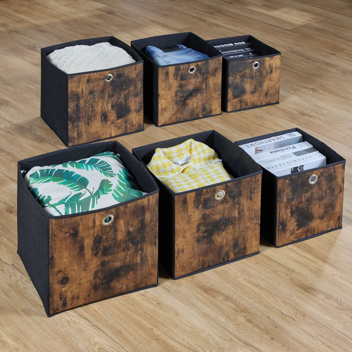 Storage box in fabric with a wooden look, 6-pack