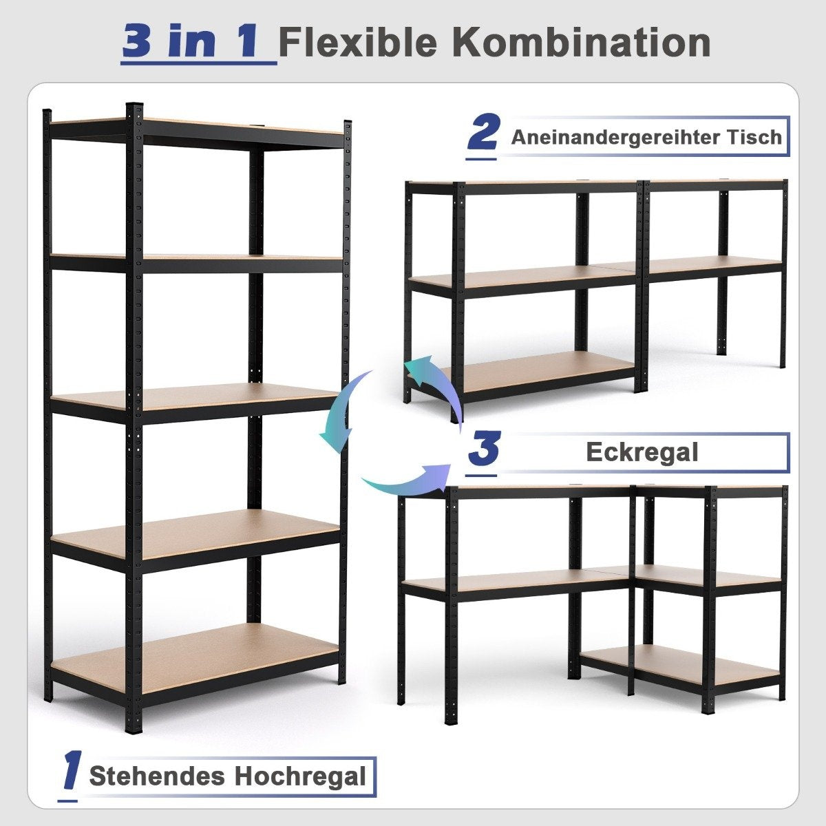 Storage shelf, heavy-duty shelf, plug-in shelf, metal shelf, 5 levels, workshop shelf, 91 x 46 x 183 cm, black