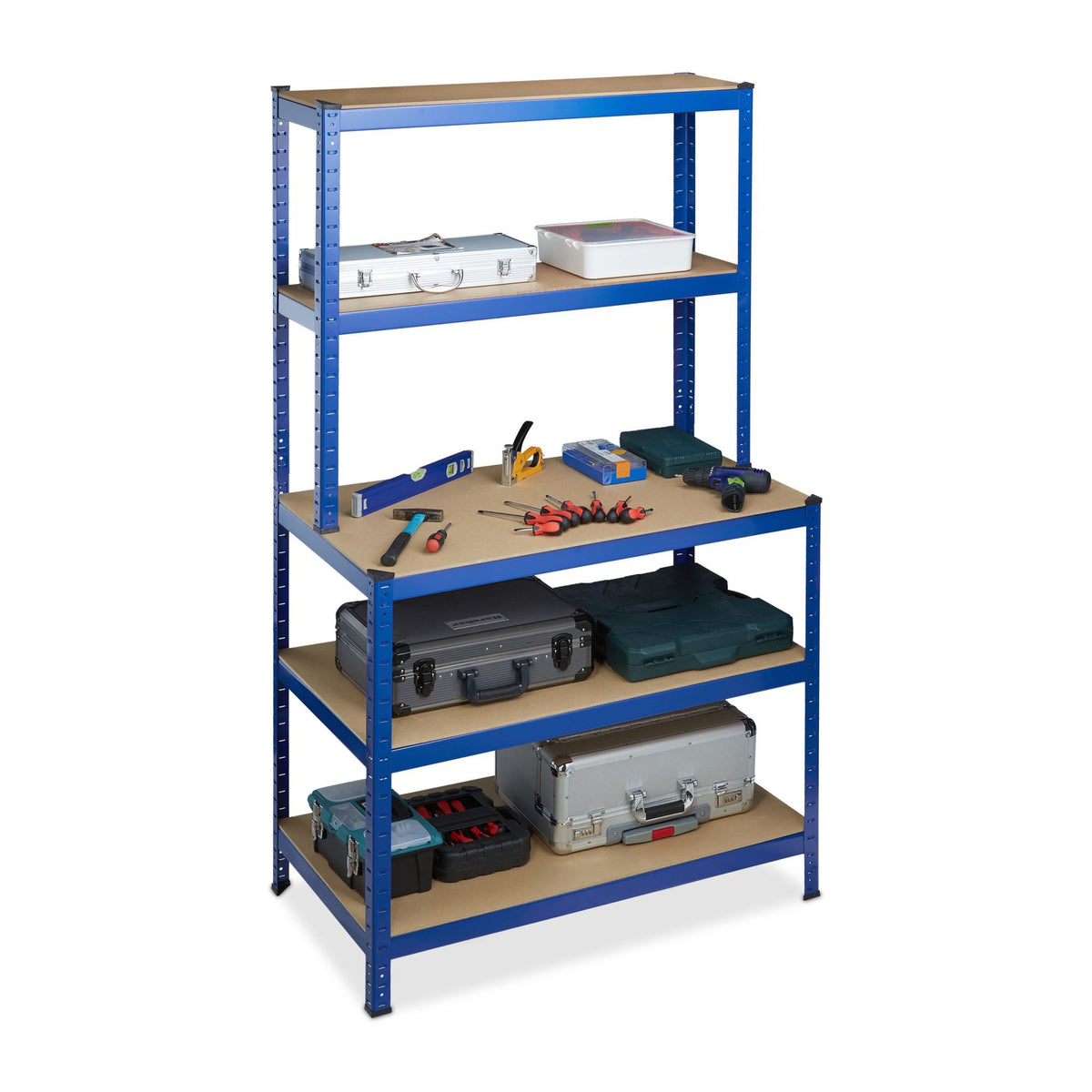 Storage shelf with workbench blue