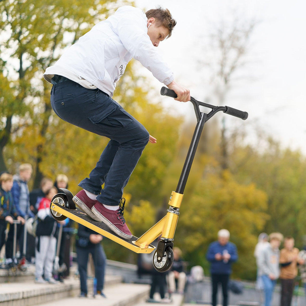 Stunt Scooter Kick Scooter For Tricks, With Rubber Grips & Rear Wheel Brake, 360° Steering, Gold, 65X48.5X83Cm, From 14 Years