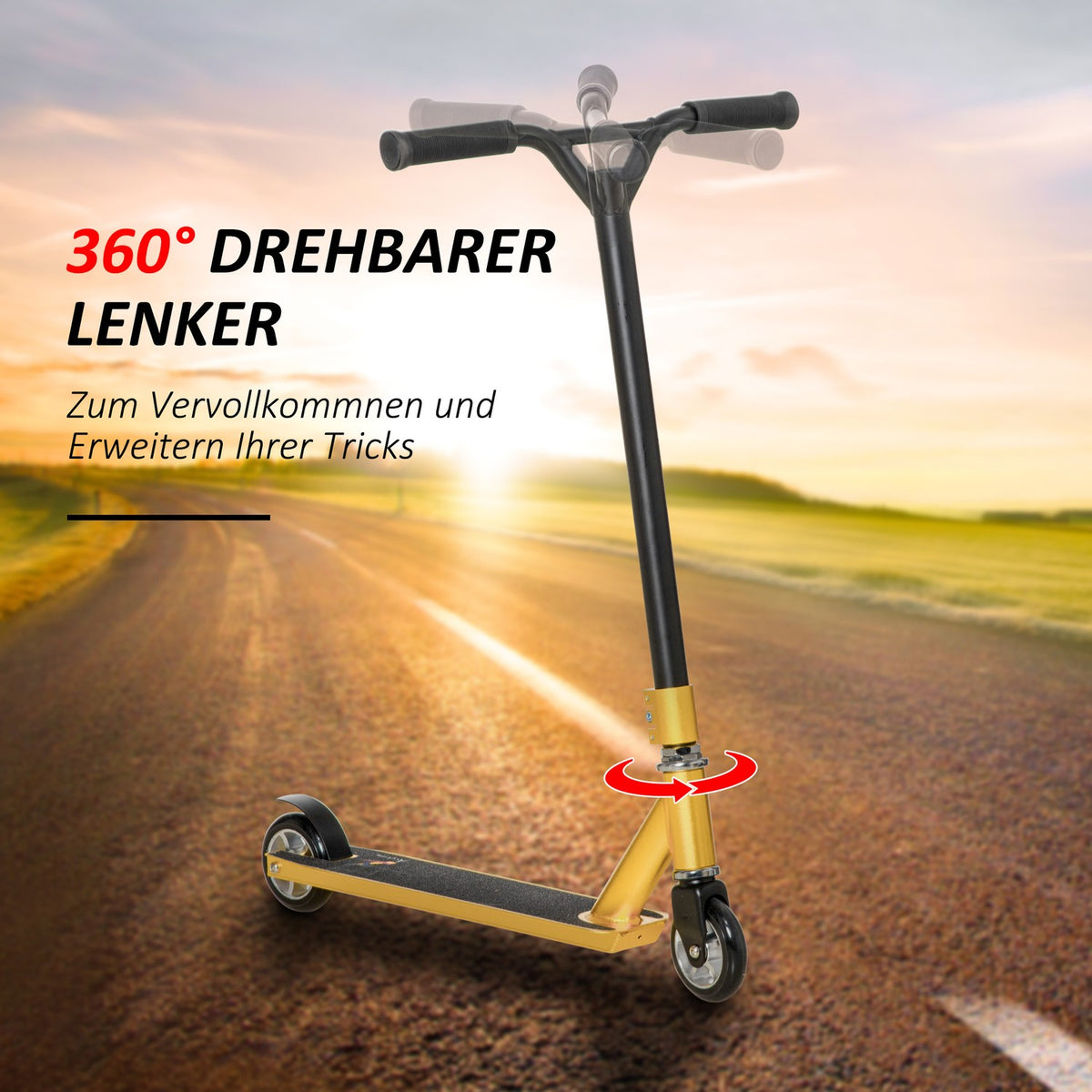 Stunt Scooter Kick Scooter For Tricks, With Rubber Grips & Rear Wheel Brake, 360° Steering, Gold, 65X48.5X83Cm, From 14 Years