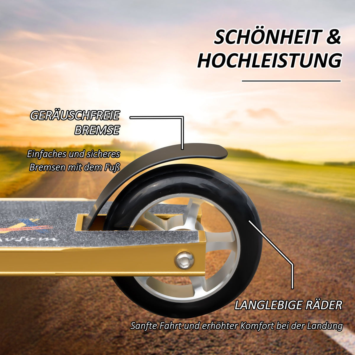 Stunt Scooter Kick Scooter For Tricks, With Rubber Grips & Rear Wheel Brake, 360° Steering, Gold, 65X48.5X83Cm, From 14 Years