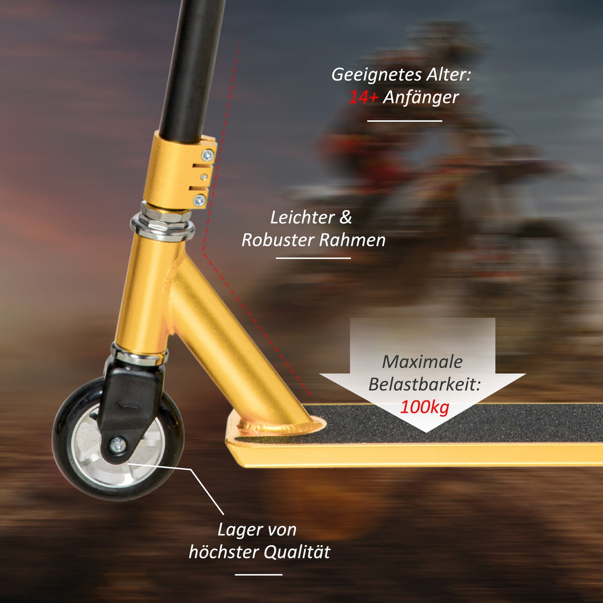 Stunt Scooter Kick Scooter For Tricks, With Rubber Grips & Rear Wheel Brake, 360° Steering, Gold, 65X48.5X83Cm, From 14 Years