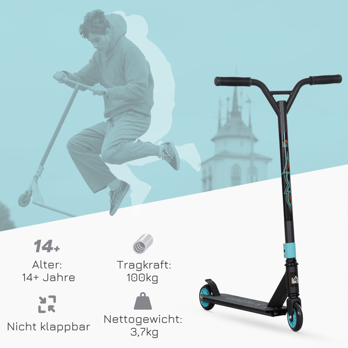 Stunt scooter, fun scooter, stunt scooter with ABEC 9 ball bearings, kick scooter with 100 mm imitation leather wheels, kick scooter, city scooter, trick scooter for children aged 14 and over