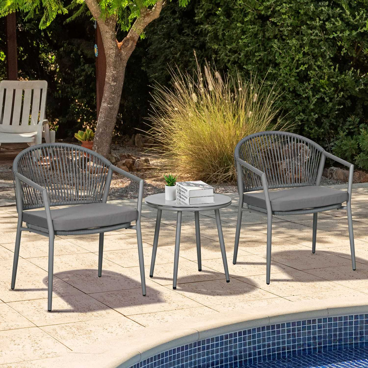 Stylish Seating Group 2 Garden Chairs Coffee Table Balcony Furniture Set Steel Frame Gray
