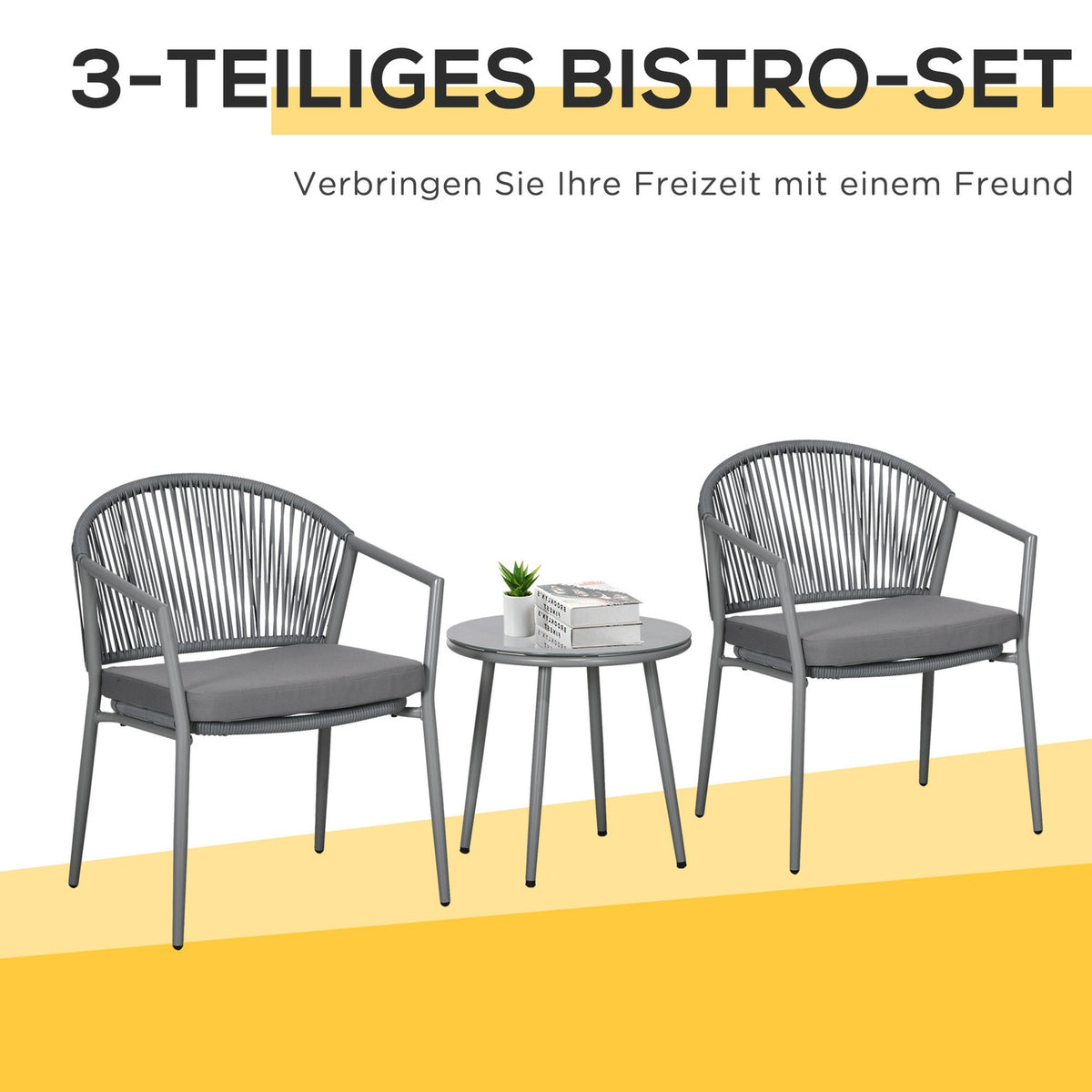 Stylish Seating Group 2 Garden Chairs Coffee Table Balcony Furniture Set Steel Frame Gray