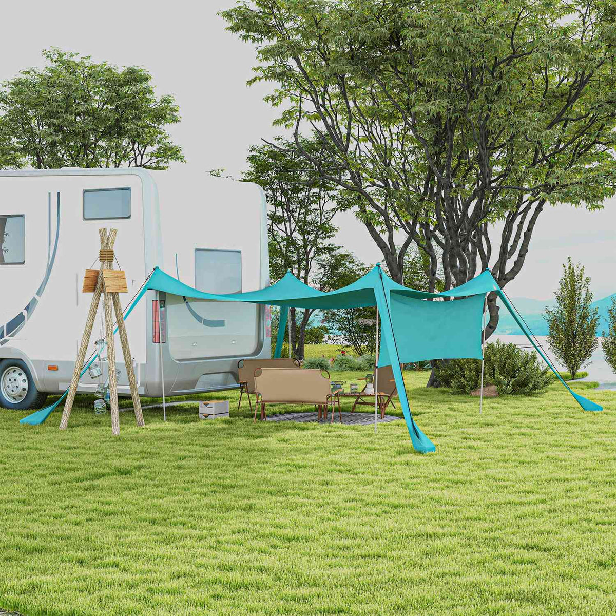 Sun Canopy Waterproof Awning 3X3X2M With Steel Poles, Shovel & Carry Bag, For Camping, Travel, Picnics