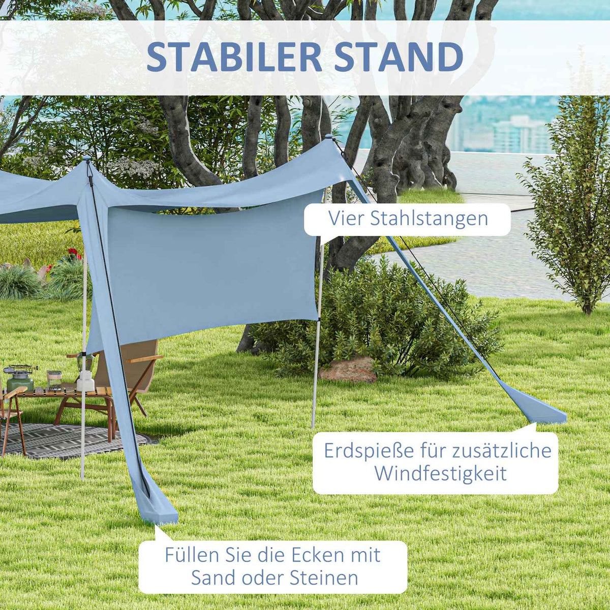 Sun Canopy Waterproof Awning With Steel Poles, Shovel & Carry Bag For Camping, Travel, Picnics, Blue