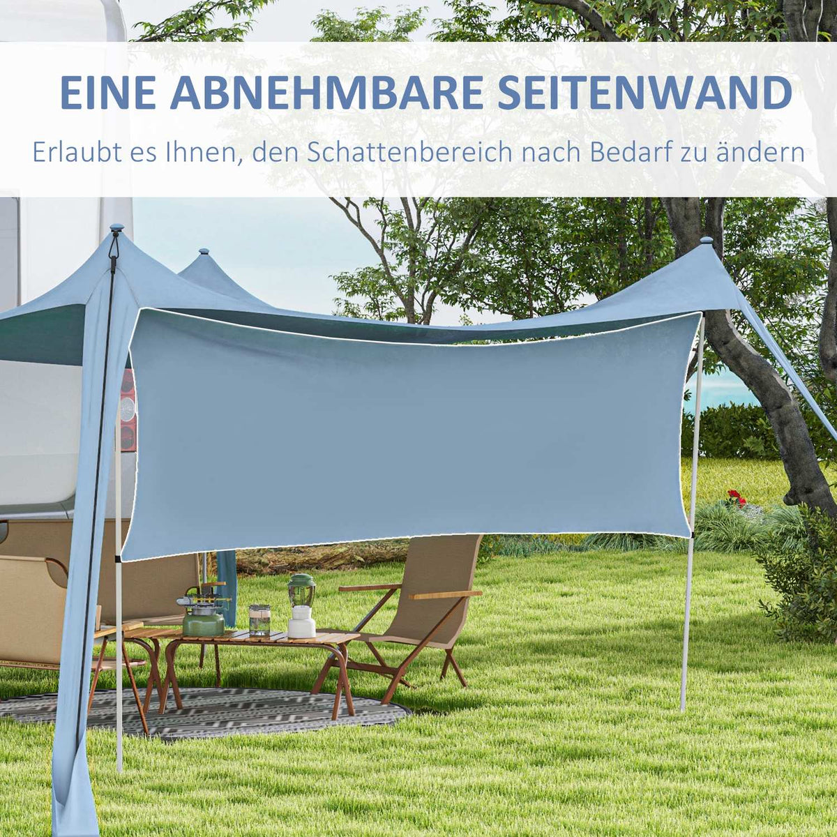 Sun Canopy Waterproof Awning With Steel Poles, Shovel & Carry Bag For Camping, Travel, Picnics, Blue