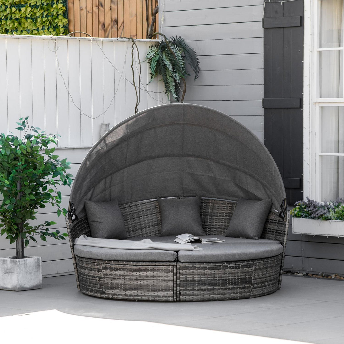Sun Island Rattan Lounge Group With Sun Canopy Seating Group With Cushions And Side Table Height-Adjustable Metal Gray 175X180X147Cm
