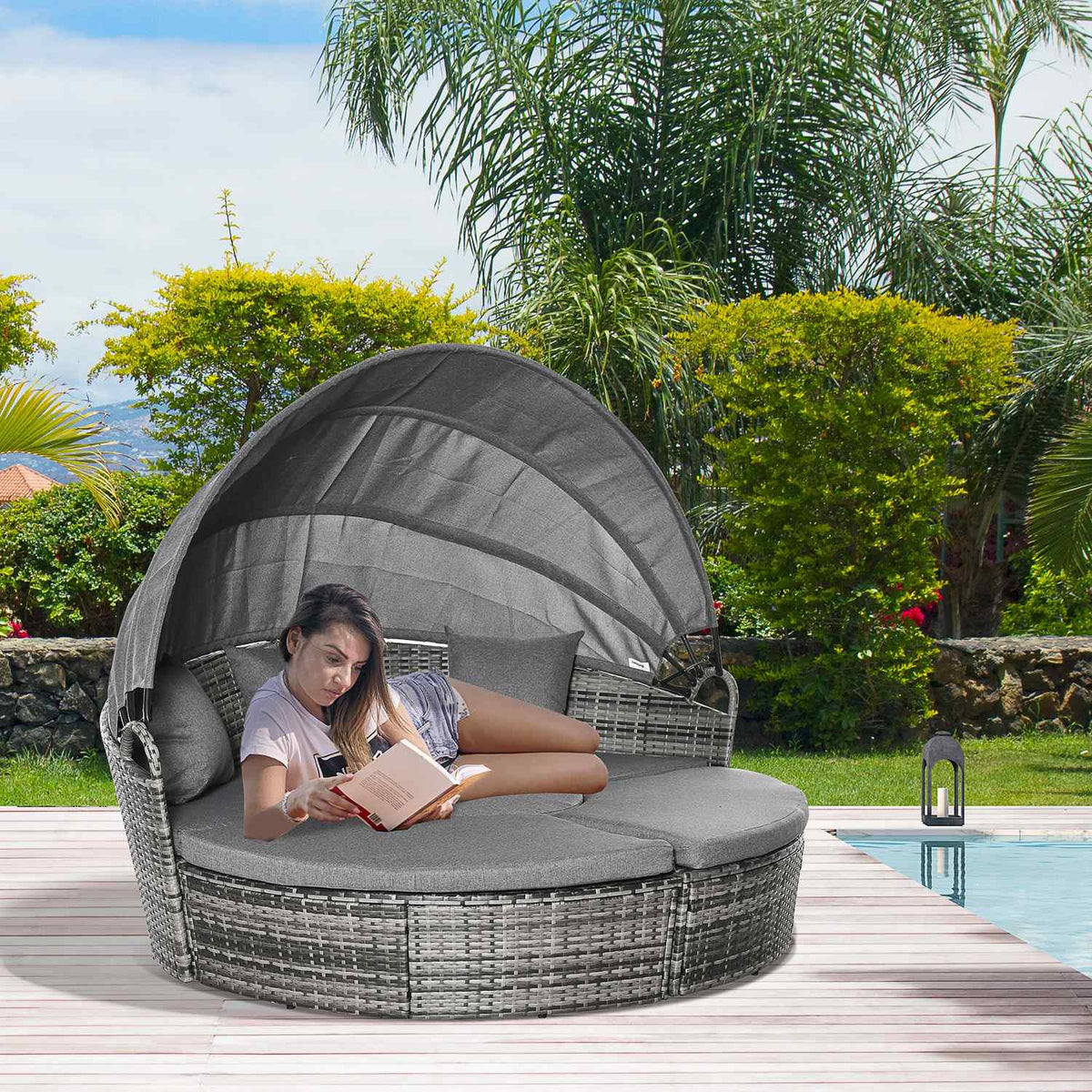 Sun Island Rattan Lounge Group With Sun Canopy Seating Group With Cushions And Side Table Height-Adjustable Metal Gray 175X180X147Cm
