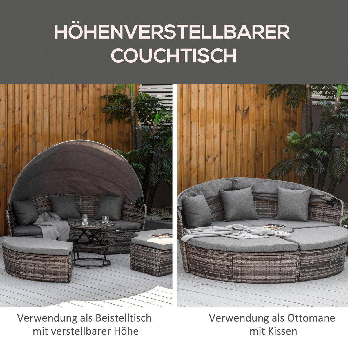 Sun Island Rattan Lounge Group With Sun Canopy Seating Group With Cushions And Side Table Height-Adjustable Metal Gray 175X180X147Cm