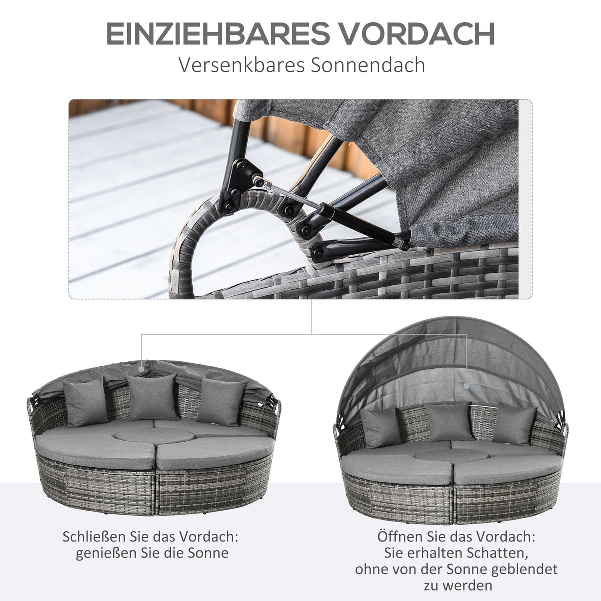 Sun Island Rattan Lounge Group With Sun Canopy Seating Group With Cushions And Side Table Height-Adjustable Metal Gray 175X180X147Cm