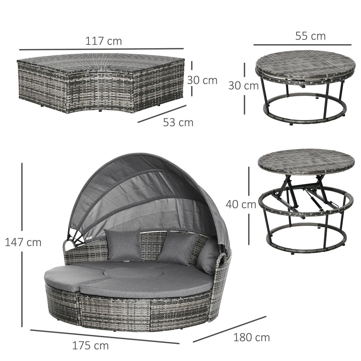 Sun Island Rattan Lounge Group With Sun Canopy Seating Group With Cushions And Side Table Height-Adjustable Metal Gray 175X180X147Cm