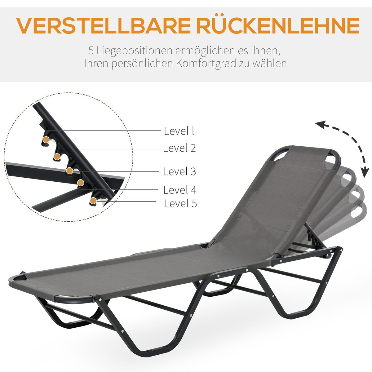 Sun Lounger Beach Lounger 5-Tier Aluminum Garden Lounger Relax Lounger Textline Gray + Black 163 X 58.5 X 91 Cm
