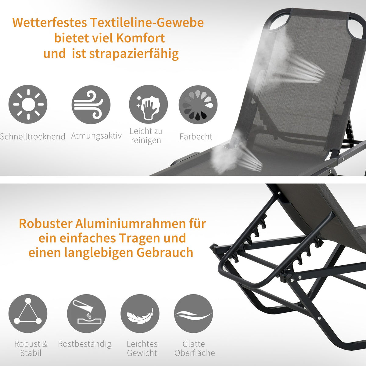 Sun Lounger Beach Lounger 5-Tier Aluminum Garden Lounger Relax Lounger Textline Gray + Black 163 X 58.5 X 91 Cm