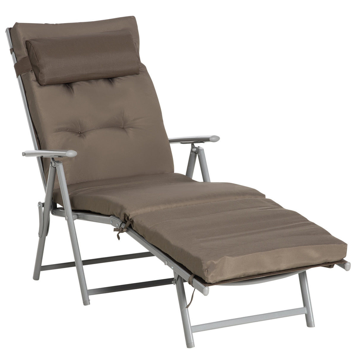 Sun Lounger Beach Lounger Garden Lounger Foldable Adjustable With Cushion Garden Metal Fabric Brown + Silver 137 X 63.5 X 100.5 Cm