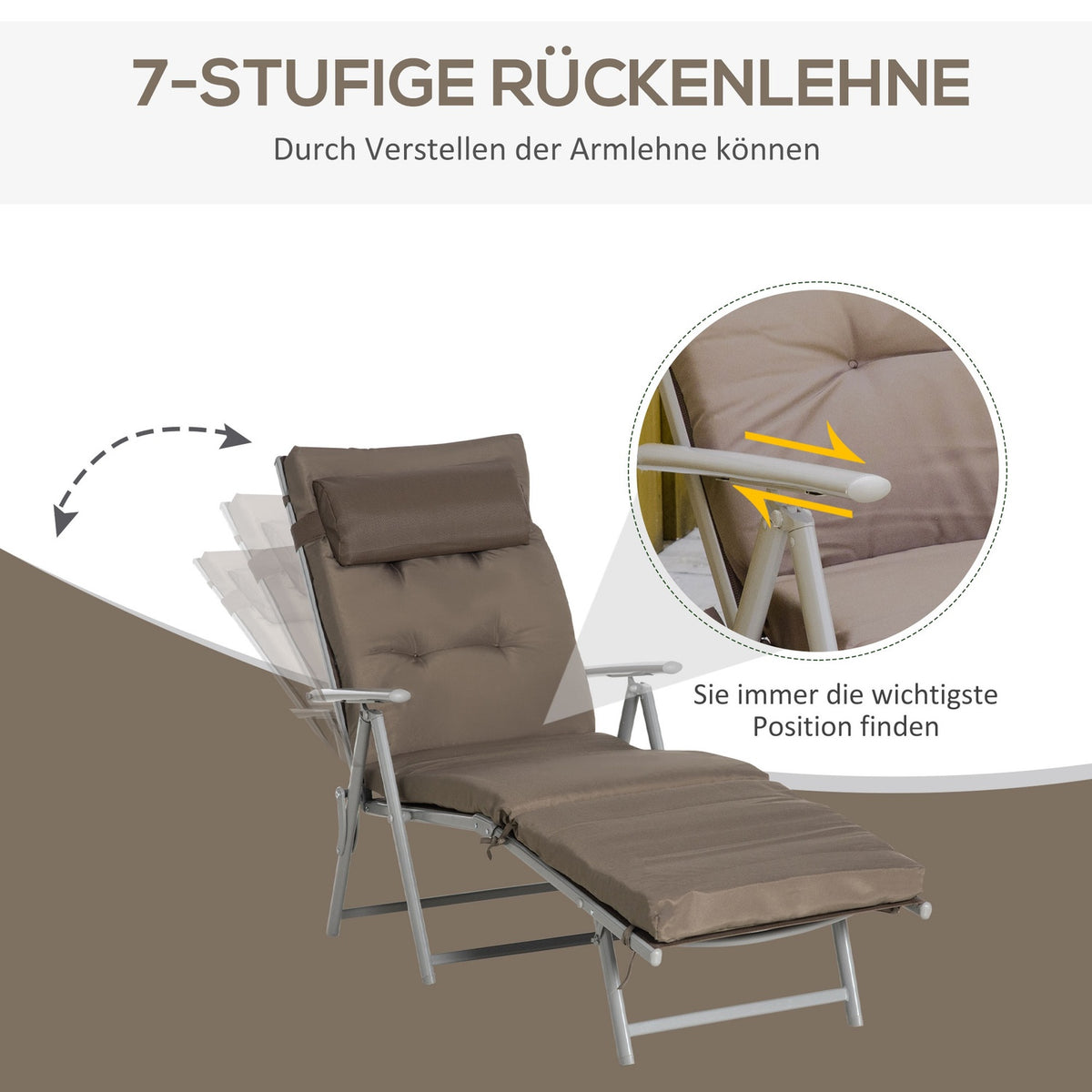 Sun Lounger Beach Lounger Garden Lounger Foldable Adjustable With Cushion Garden Metal Fabric Brown + Silver 137 X 63.5 X 100.5 Cm