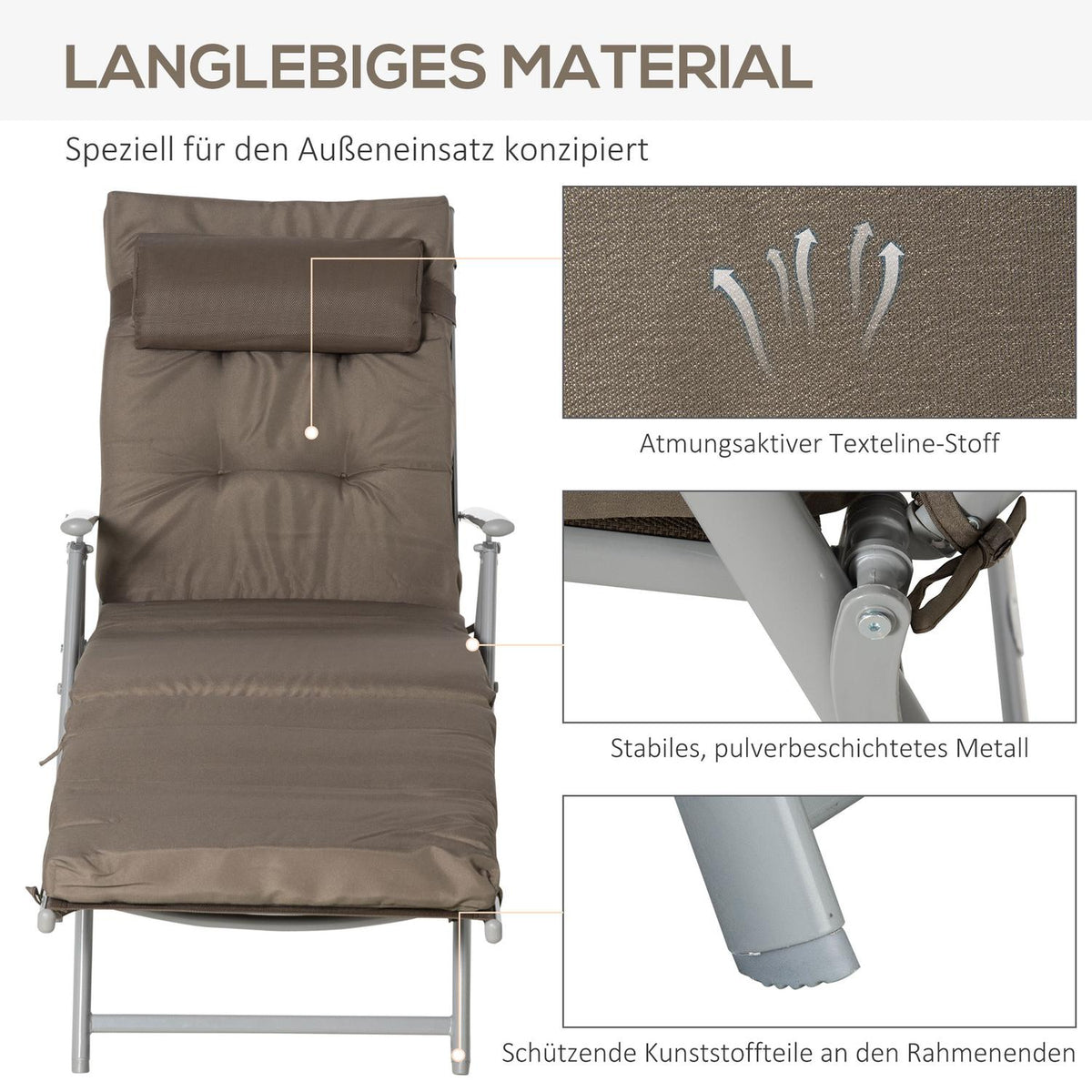 Sun Lounger Beach Lounger Garden Lounger Foldable Adjustable With Cushion Garden Metal Fabric Brown + Silver 137 X 63.5 X 100.5 Cm