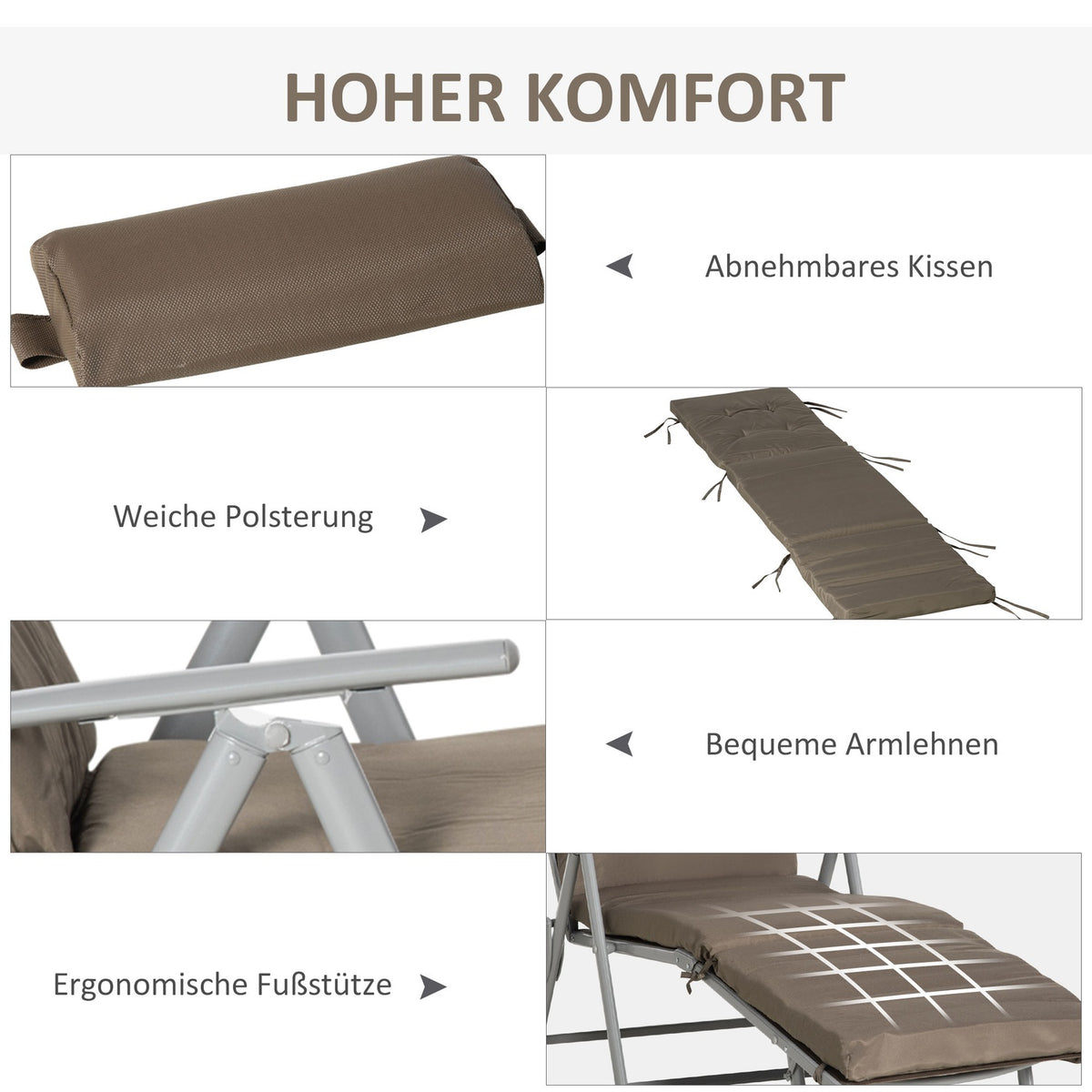 Sun Lounger Beach Lounger Garden Lounger Foldable Adjustable With Cushion Garden Metal Fabric Brown + Silver 137 X 63.5 X 100.5 Cm