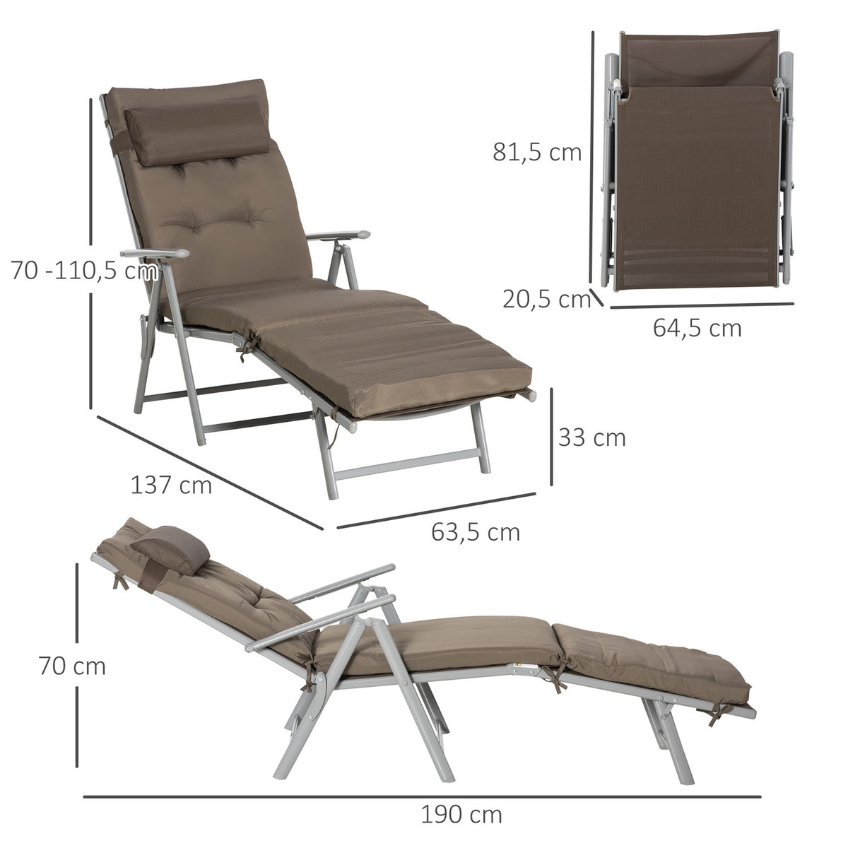 Sun Lounger Beach Lounger Garden Lounger Foldable Adjustable With Cushion Garden Metal Fabric Brown + Silver 137 X 63.5 X 100.5 Cm