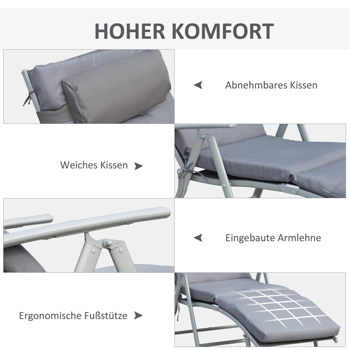 Sun Lounger Beach Lounger Garden Lounger Foldable Adjustable With Cushion Garden Metal Fabric Gray 137 X 63.5 X 100.5 Cm