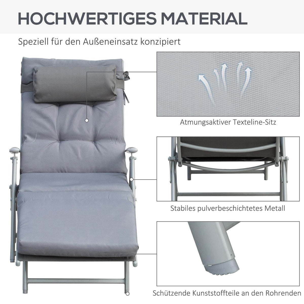 Sun Lounger Beach Lounger Garden Lounger Foldable Adjustable With Cushion Garden Metal Fabric Gray 137 X 63.5 X 100.5 Cm