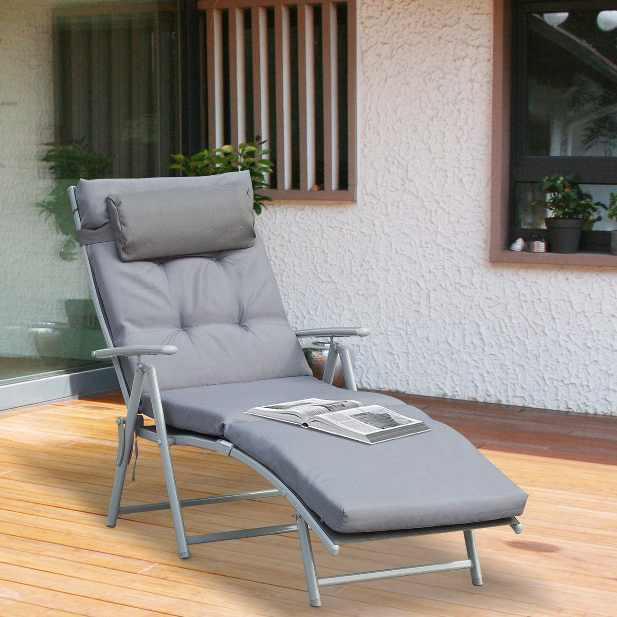 Sun Lounger Beach Lounger Garden Lounger Foldable Adjustable With Cushion Garden Metal Fabric Gray 137 X 63.5 X 100.5 Cm