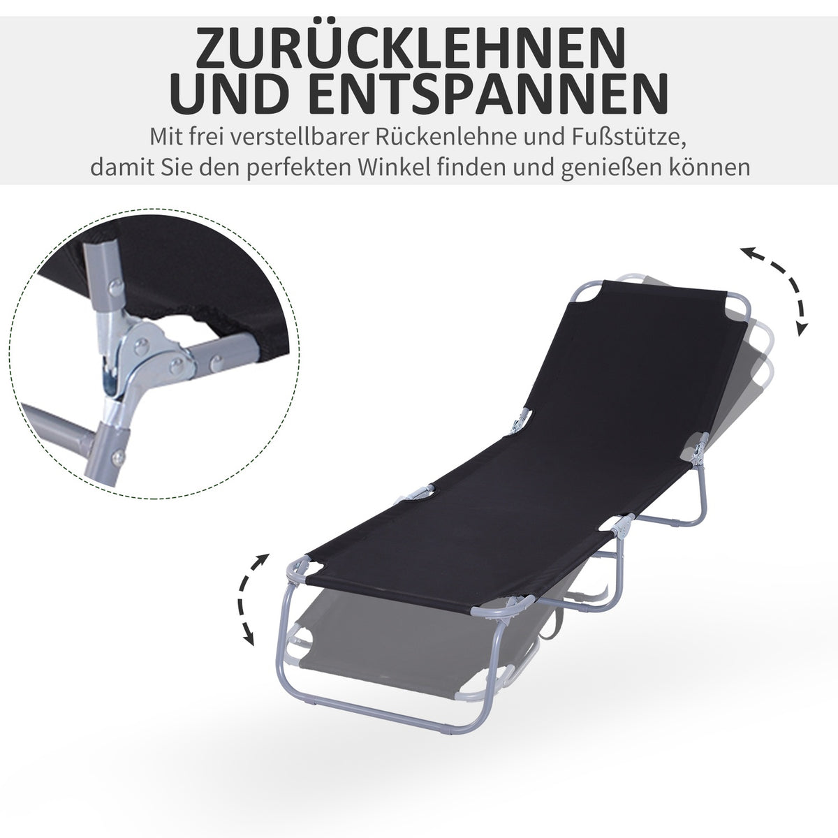 Sun Lounger, Camping Lounger, Folding Deck Chair With Adjustable Backrest, Garden Lounger Can Hold Up To 120 Kg, Oxford, Black