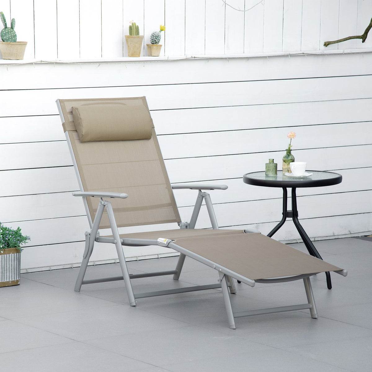 Sun Lounger Deck Chair Garden Lounger 7 Positions Adjustable Beach Lounger With Pillow Foldable Mesh Metal 137 X 63.5 X 100.5 Cm