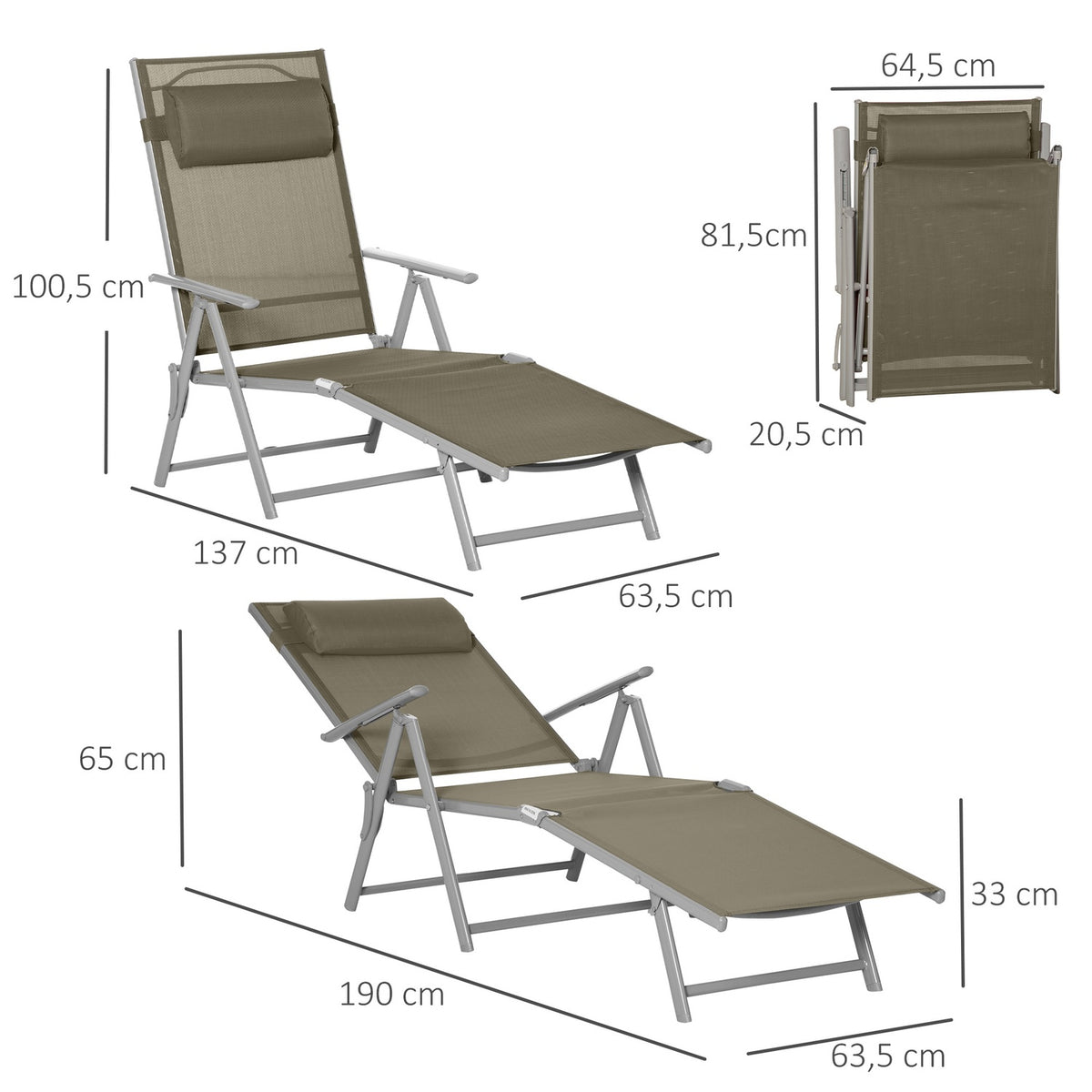 Sun Lounger Deck Chair Garden Lounger 7 Positions Adjustable Beach Lounger With Pillow Foldable Mesh Metal 137 X 63.5 X 100.5 Cm