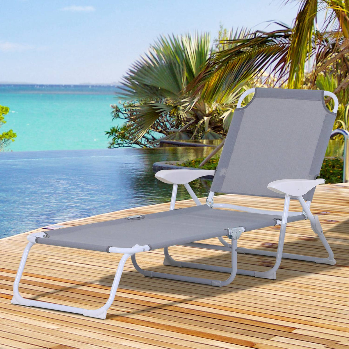 Sun Lounger Deck Chair Garden Lounger Folding Beach Lounger 4 Tier Mesh Gray 160 X 66 X 80 Cm