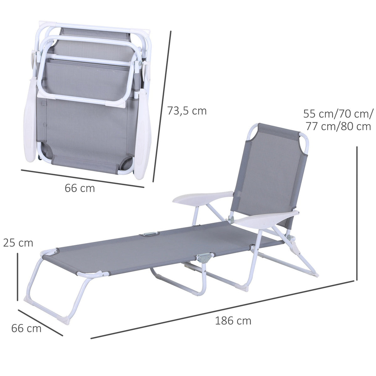 Sun Lounger Deck Chair Garden Lounger Folding Beach Lounger 4 Tier Mesh Gray 160 X 66 X 80 Cm