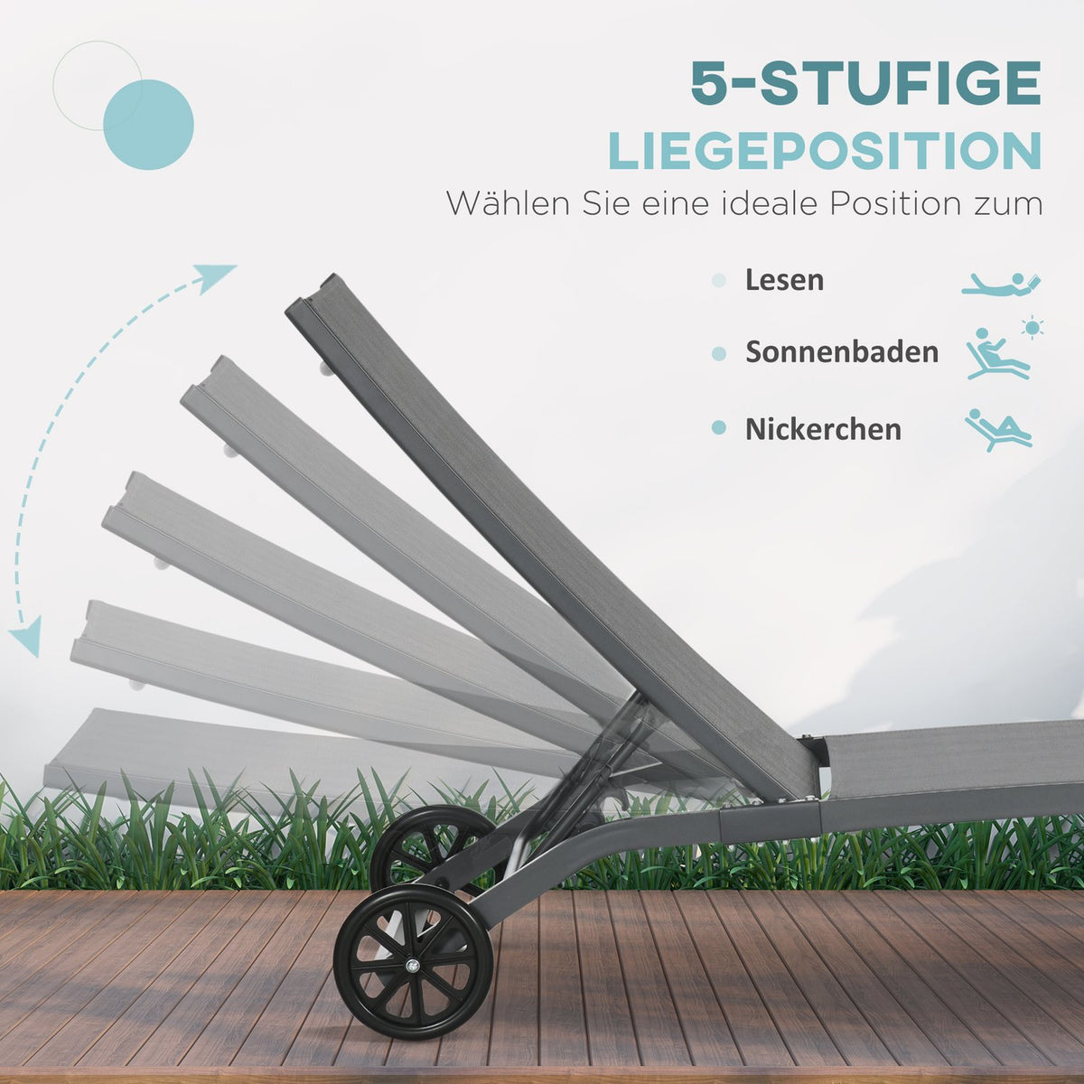 Sun Lounger, Deck Chair With Wheels, Relaxation Lounger With Adjustable Backrest, Garden Lounger, Polyester, Aluminum, Blue, 195 X 165 X 102 Cm