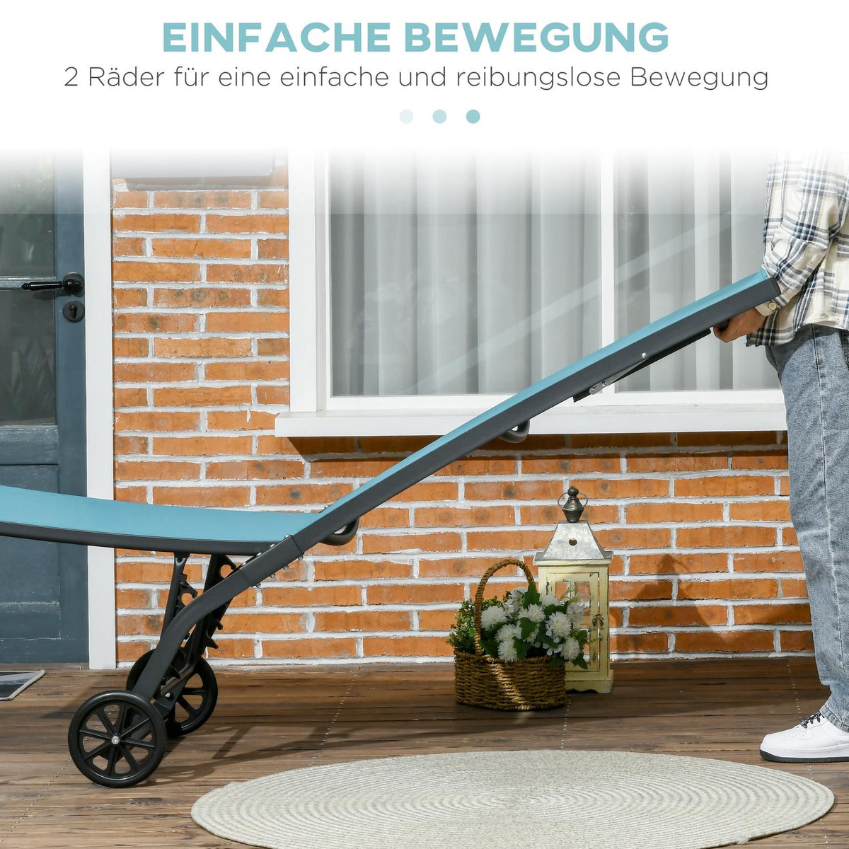 Sun Lounger, Deck Chair With Wheels, Relaxation Lounger With Adjustable Backrest, Garden Lounger, Polyester, Aluminum, Blue, 195 X 165 X 102 Cm