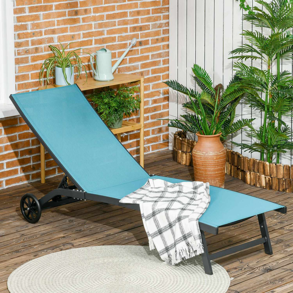 Sun Lounger, Deck Chair With Wheels, Relaxation Lounger With Adjustable Backrest, Garden Lounger, Polyester, Aluminum, Blue, 195 X 165 X 102 Cm