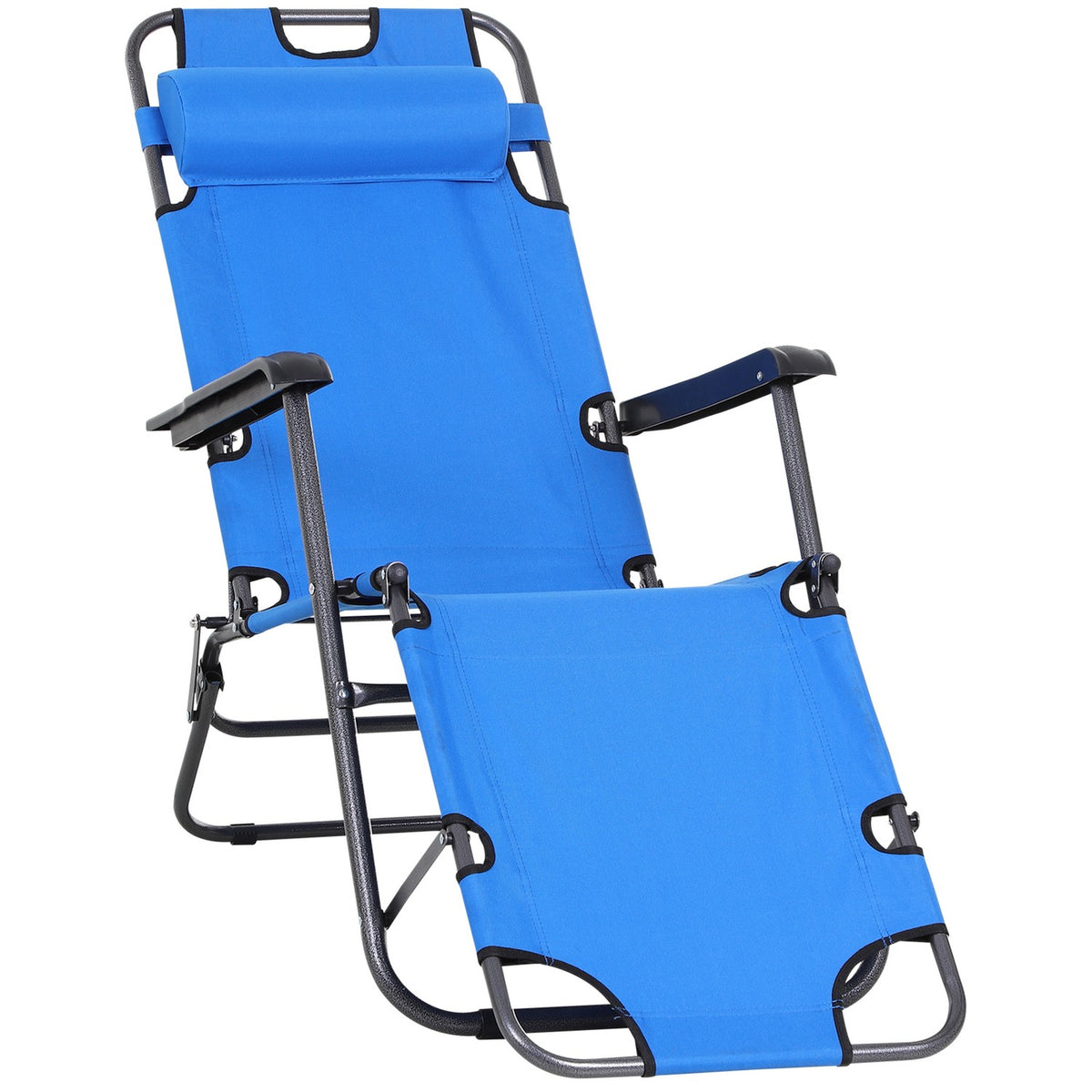 Sun Lounger Foldable Beach Lounger Cushion 2-Tier Garden Lounger Blue Metal Oxford Fabric 135X60X89Cm