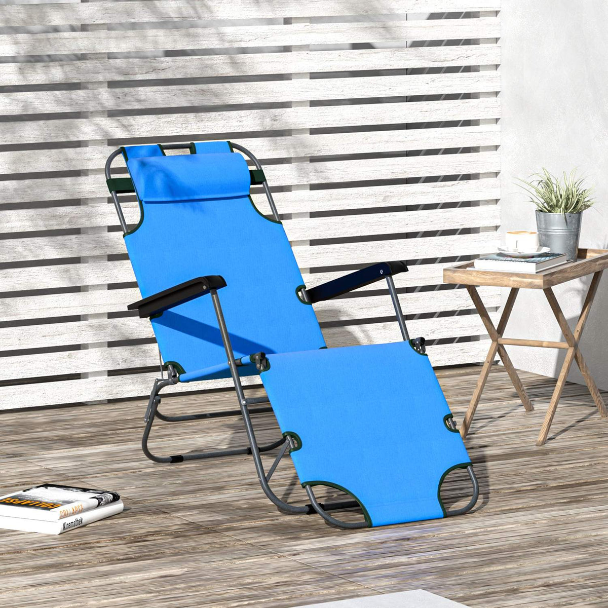 Sun Lounger Foldable Beach Lounger Cushion 2-Tier Garden Lounger Blue Metal Oxford Fabric 135X60X89Cm