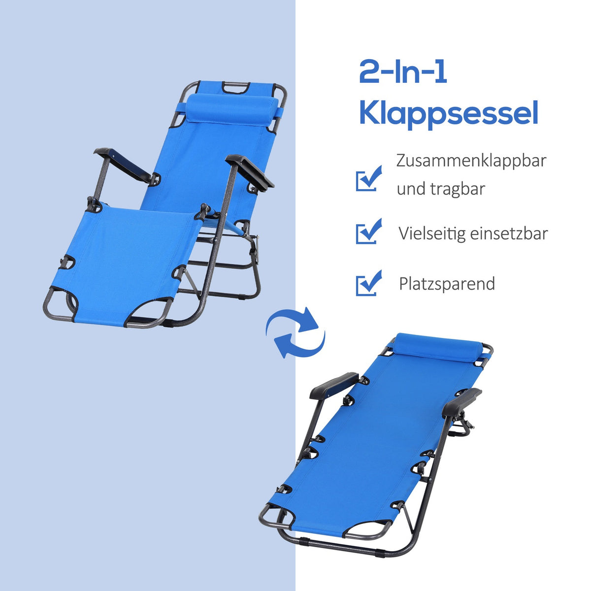 Sun Lounger Foldable Beach Lounger Cushion 2-Tier Garden Lounger Blue Metal Oxford Fabric 135X60X89Cm
