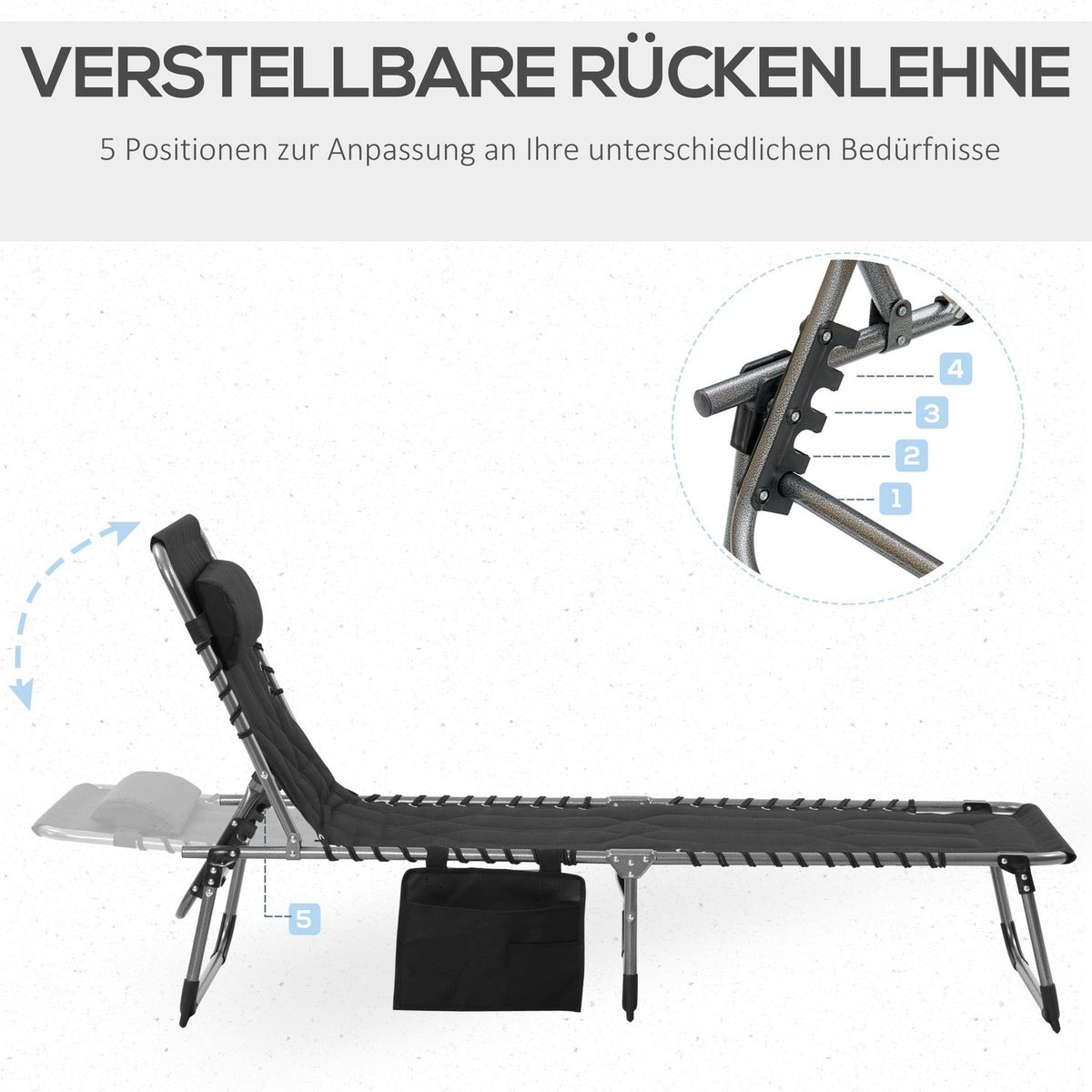 Sun Lounger Foldable Garden Lounger Folding Lounger With Cushion Garden 5 Level Backrest Adjustable Steel Oxford Fabric Black 188 X 57 X 30 Cm