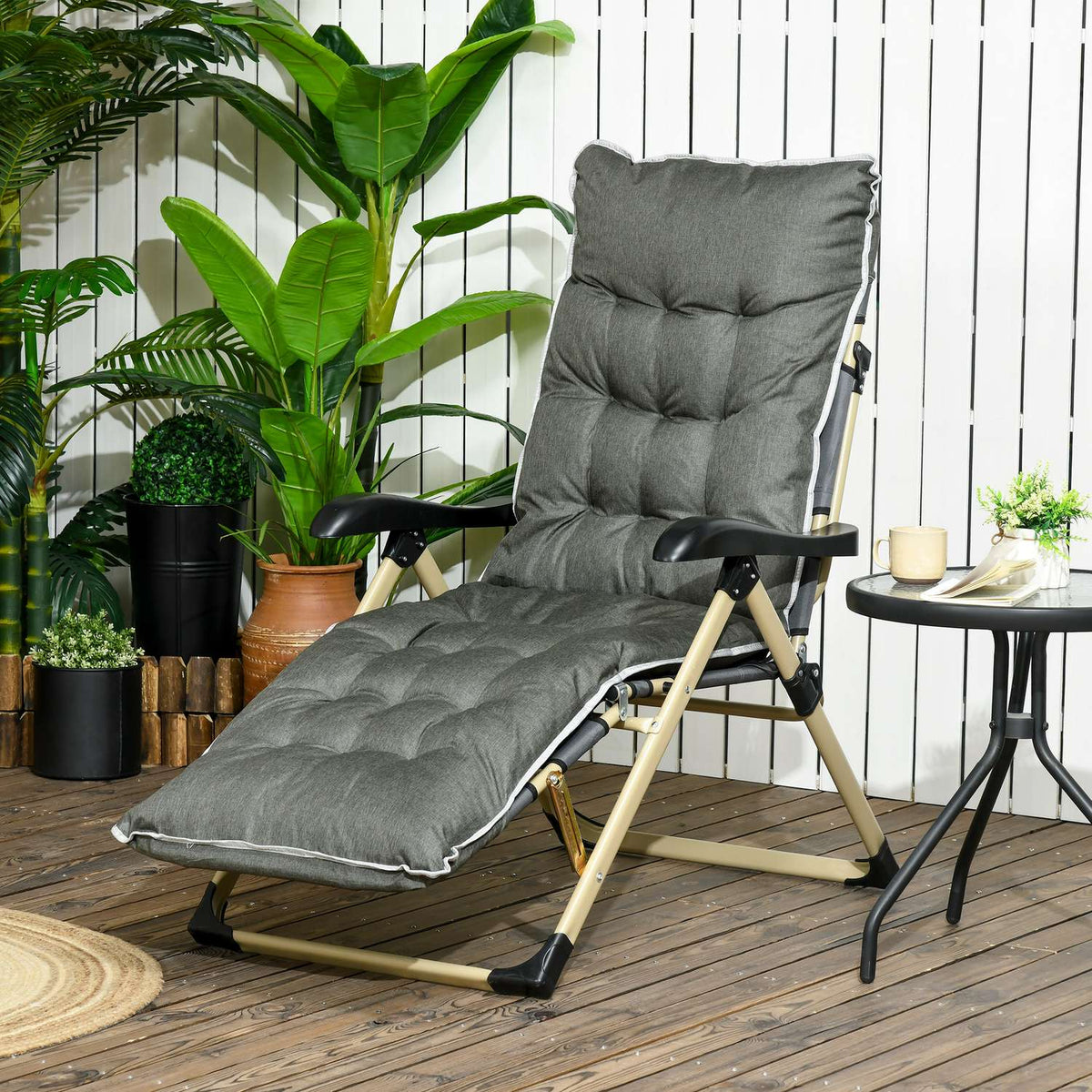 Sun Lounger Folding Beach Lounger Garden Lounger With Adjustable Backrest & Removable Pillow Deck Chair Gray