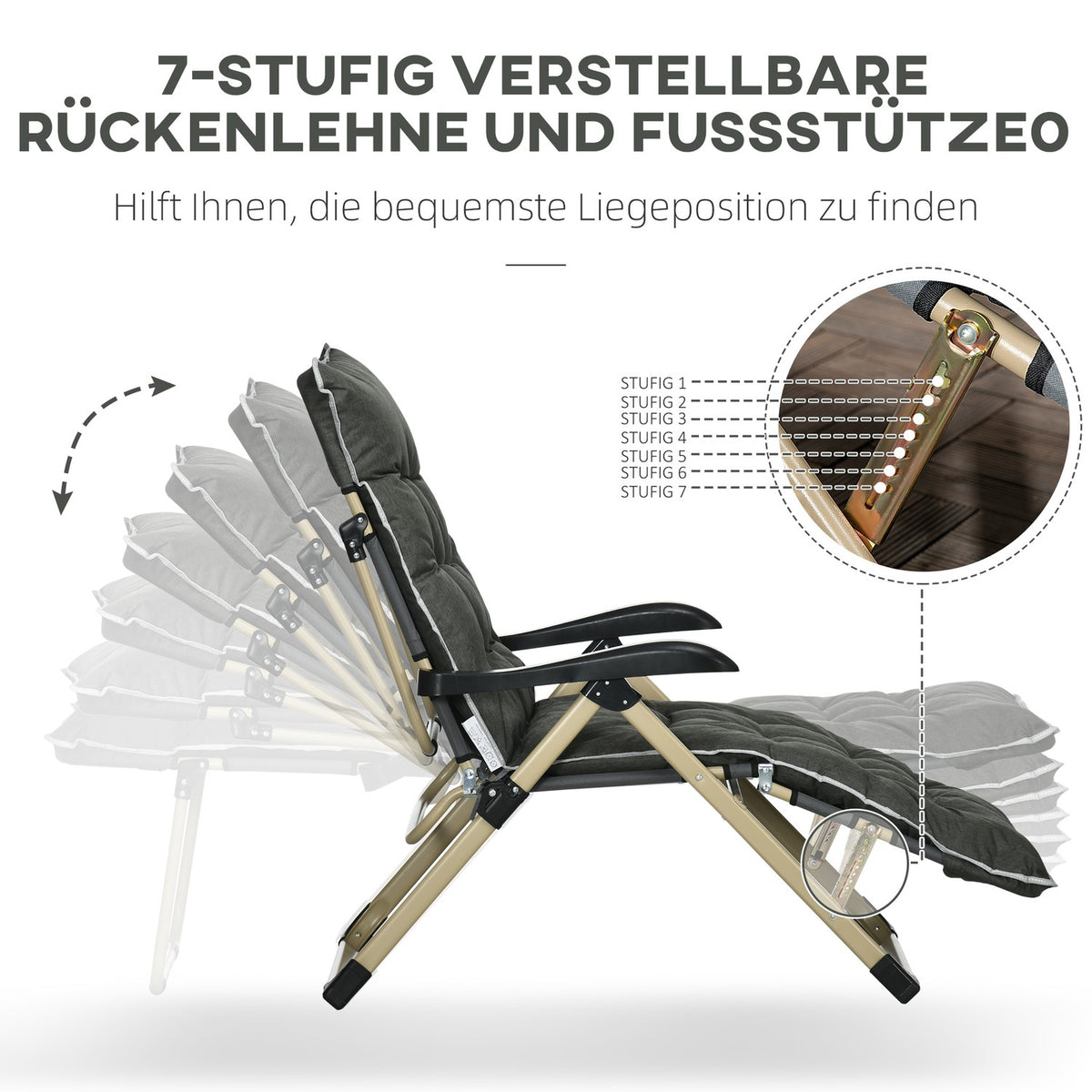 Sun Lounger Folding Beach Lounger Garden Lounger With Adjustable Backrest & Removable Pillow Deck Chair Gray